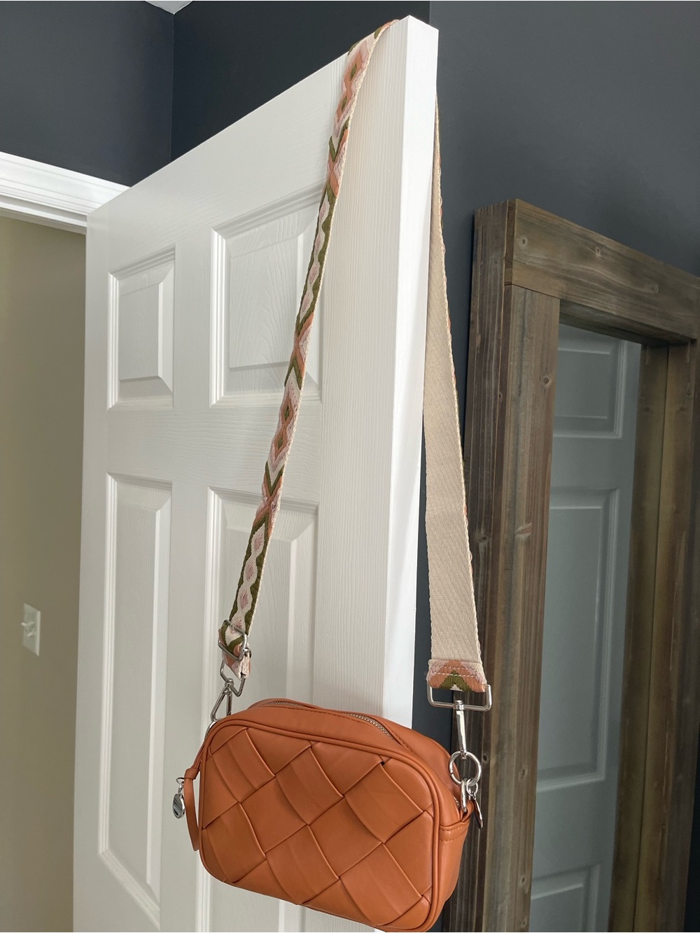 Pink Lily Woven Crossbody Bag in Cognac with Patterned Strap